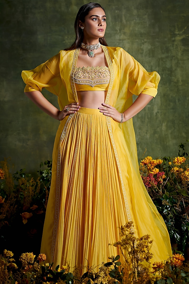 Primrose Yellow Chiffon Ruched Skirt Set by Ridhi Mehra at Pernia's Pop Up Shop