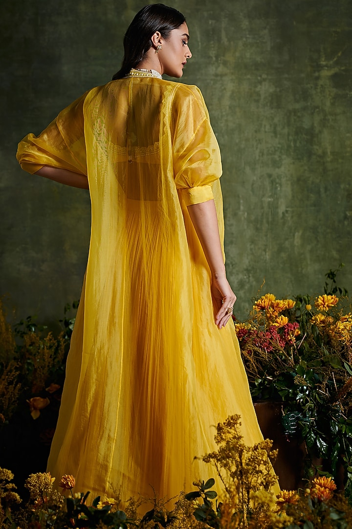 Primrose Yellow Chiffon Ruched Skirt Set by Ridhi Mehra at Pernia's Pop Up Shop