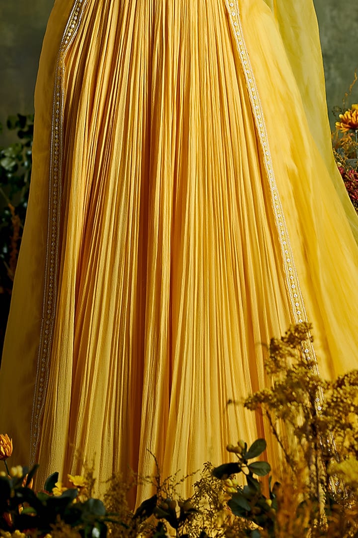 Primrose Yellow Chiffon Ruched Skirt Set by Ridhi Mehra at Pernia's Pop Up Shop