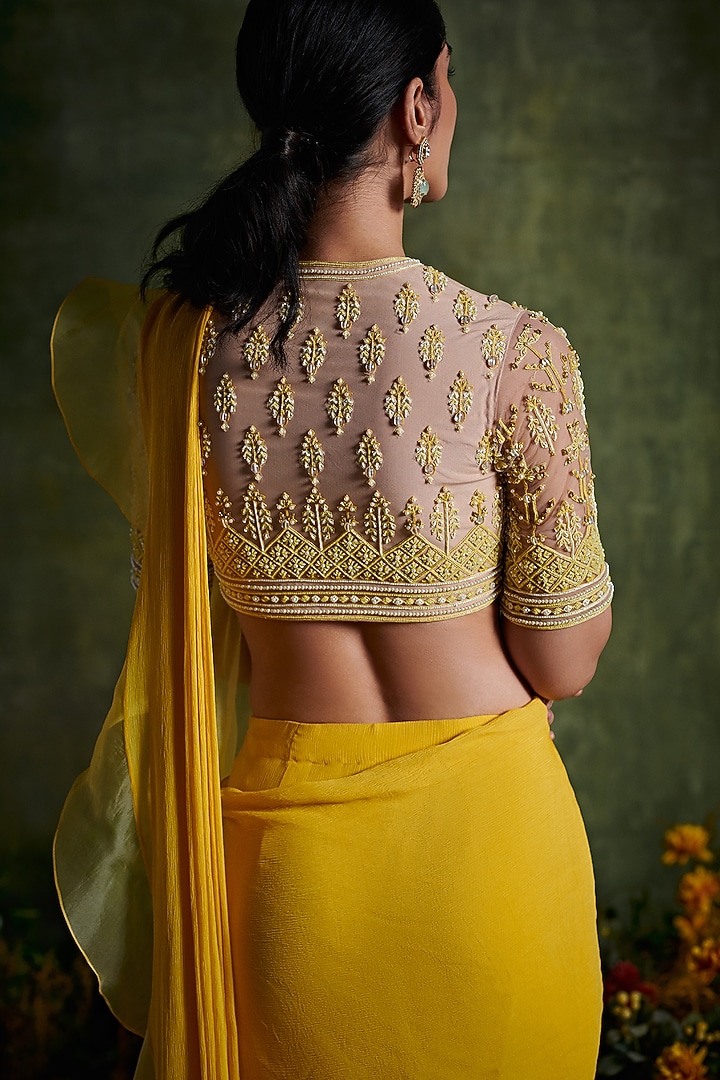 Primrose Yellow Draped Reception Saree Set by Ridhi Mehra at Pernia's Pop Up Shop