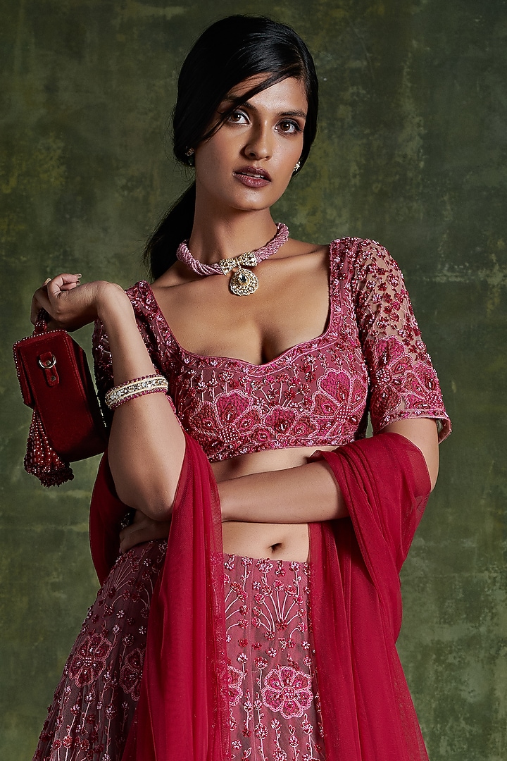 Deep Fuchsia Embroidered Bridal Lehenga Set by Ridhi Mehra at Pernia's Pop Up Shop