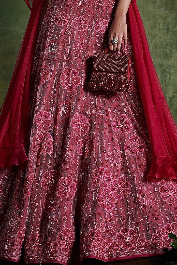 Deep Fuchsia Embroidered Bridal Lehenga Set by Ridhi Mehra at Pernia's Pop Up Shop