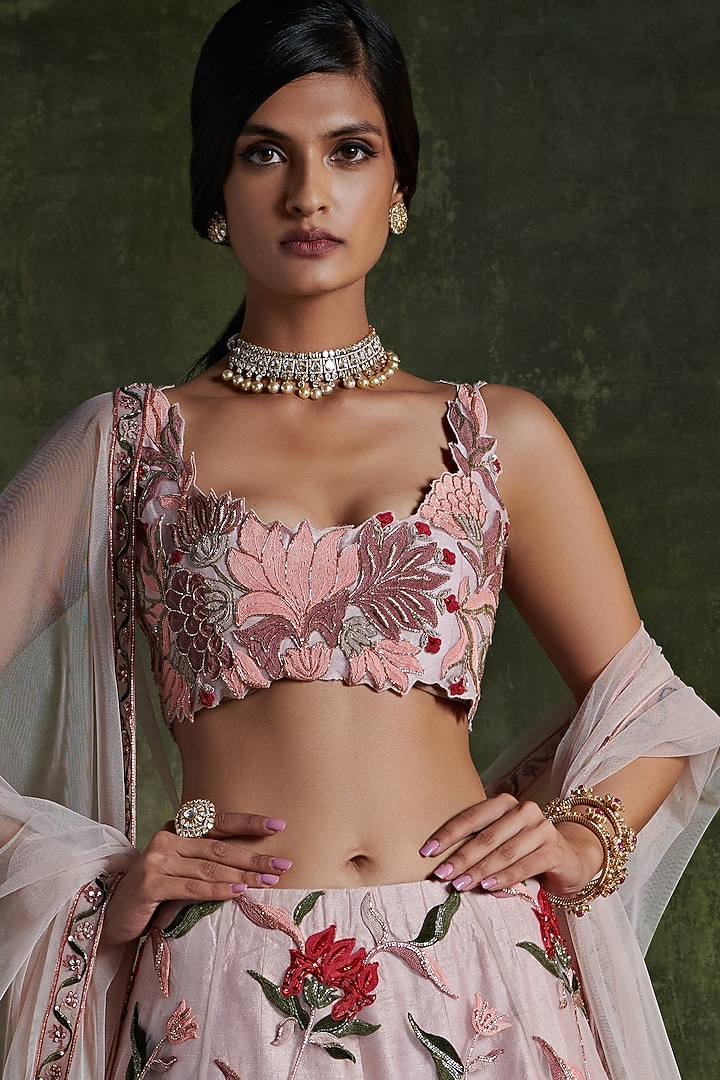 Pale Pink Net Embroidered Bridal Lehenga Set by Ridhi Mehra at Pernia's Pop Up Shop