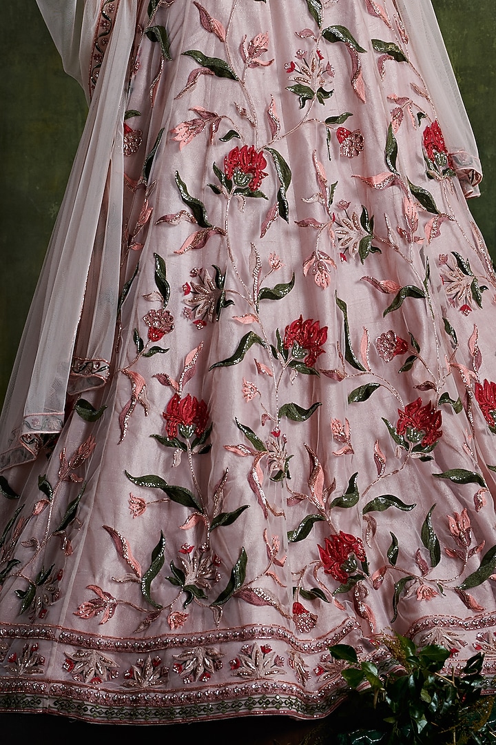 Pale Pink Net Embroidered Bridal Lehenga Set by Ridhi Mehra at Pernia's Pop Up Shop