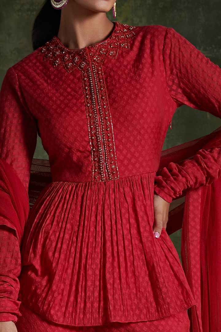 Hibiscus Red Embroidered Gharara Set by Ridhi Mehra at Pernia's Pop Up Shop