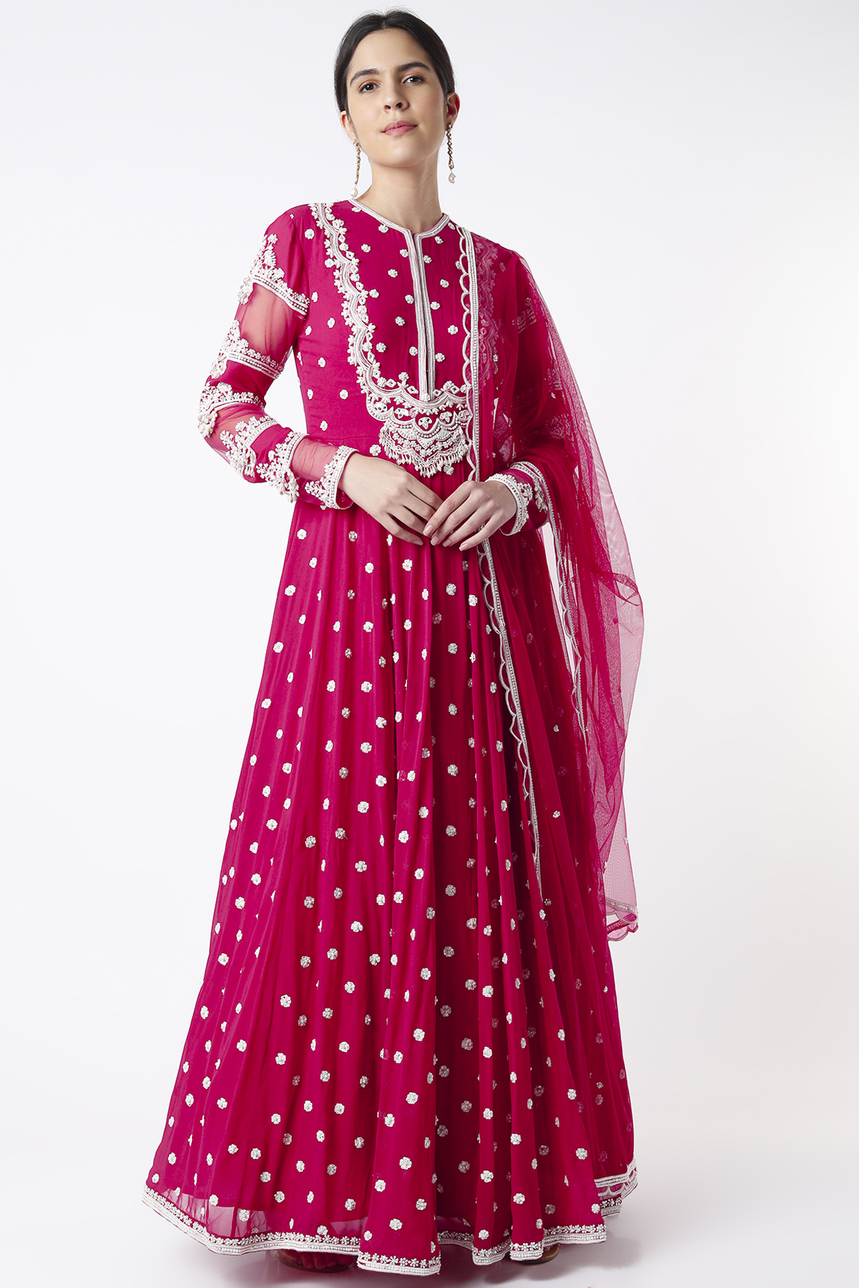 Fuchsia Red Embroidered Bridal Anarkali Set by Ridhi Mehra at Pernia's Pop Up Shop