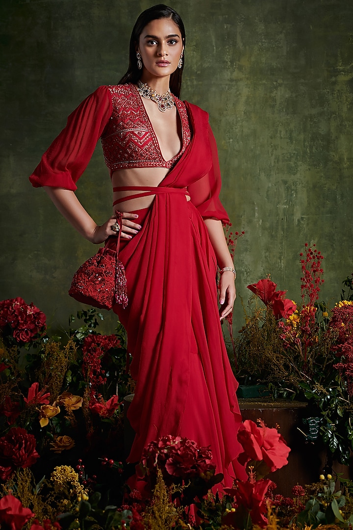 Hibiscus Red Chiffon Draped Saree Set by Ridhi Mehra