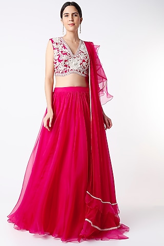 Fiery Red Chiffon Ruched Lehenga Set by Ridhi Mehra