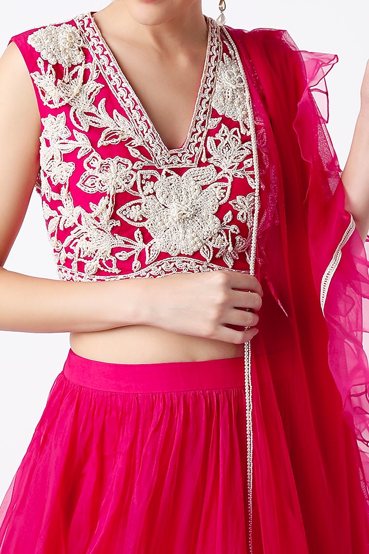 Fiery Red Chiffon Ruched Wedding Lehenga Set by Ridhi Mehra at Pernia's Pop Up Shop