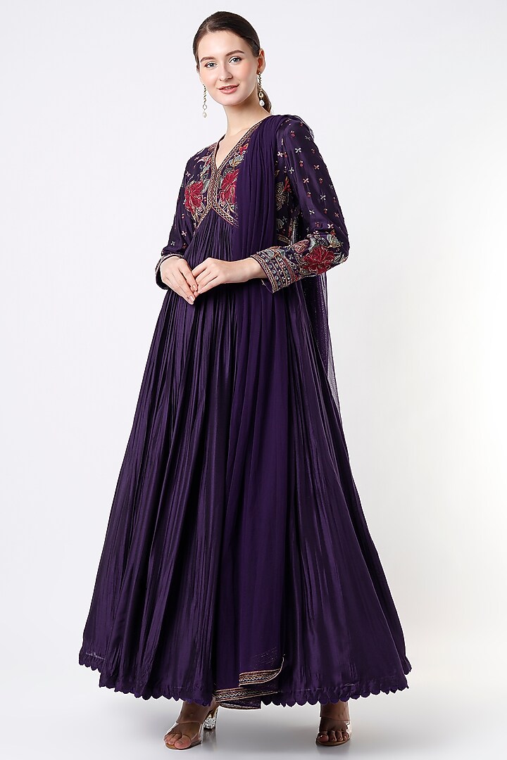 Purple Embroidered Bridal Anarkali Set by Ridhi Mehra at Pernia's Pop Up Shop