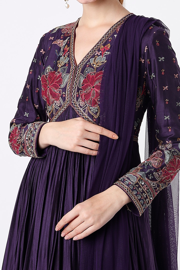 Purple Embroidered Bridal Anarkali Set by Ridhi Mehra at Pernia's Pop Up Shop