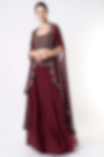 Burgundy Georgette Cape Set by Ridhi Mehra at Pernia's Pop Up Shop