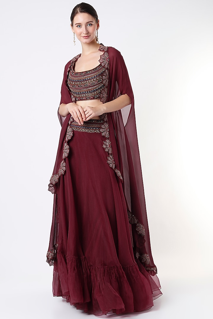 Burgundy Georgette Cape Set by Ridhi Mehra at Pernia's Pop Up Shop