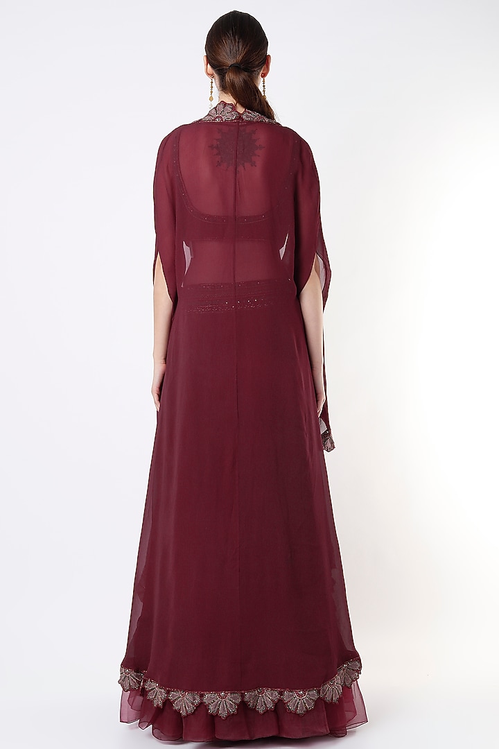Burgundy Georgette Cape Set by Ridhi Mehra at Pernia's Pop Up Shop
