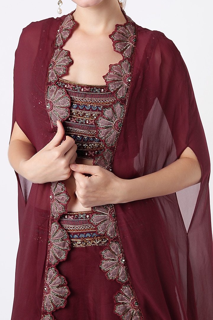 Burgundy Georgette Cape Set by Ridhi Mehra at Pernia's Pop Up Shop