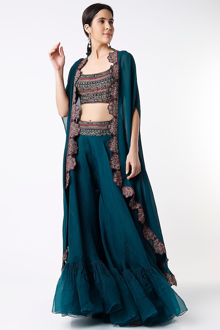 Teal Blue Organza Tiered Wedding Lehenga Set by Ridhi Mehra at Pernia's Pop Up Shop