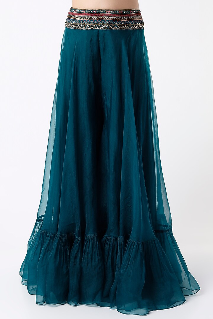 Teal Blue Organza Tiered Wedding Lehenga Set by Ridhi Mehra at Pernia's Pop Up Shop