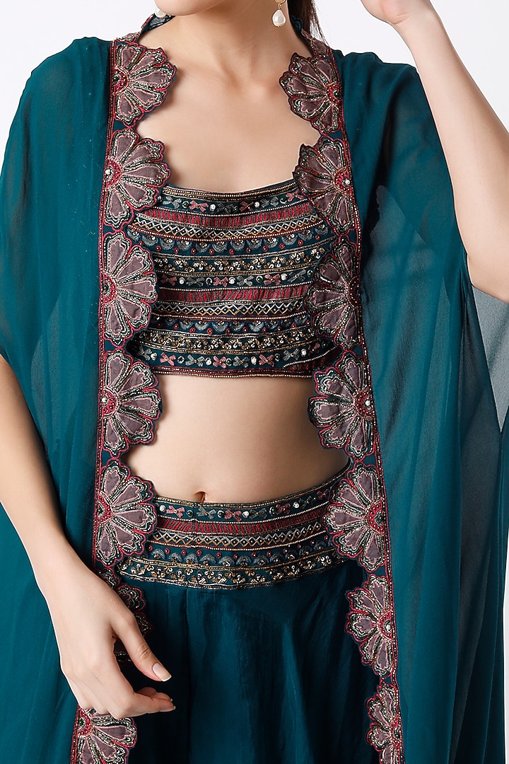 Teal Blue Organza Tiered Wedding Lehenga Set by Ridhi Mehra at Pernia's Pop Up Shop