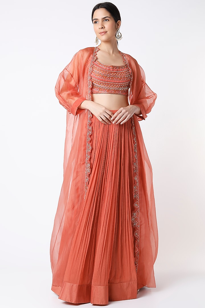 Tea Rose Chiffon Ruched Skirt Set by Ridhi Mehra at Pernia's Pop Up Shop