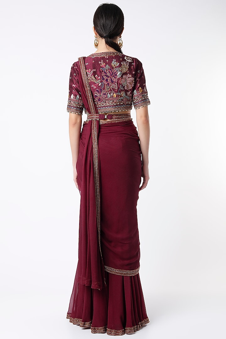 Burgundy Chiffon Draped Reception Saree Set by Ridhi Mehra at Pernia's Pop Up Shop