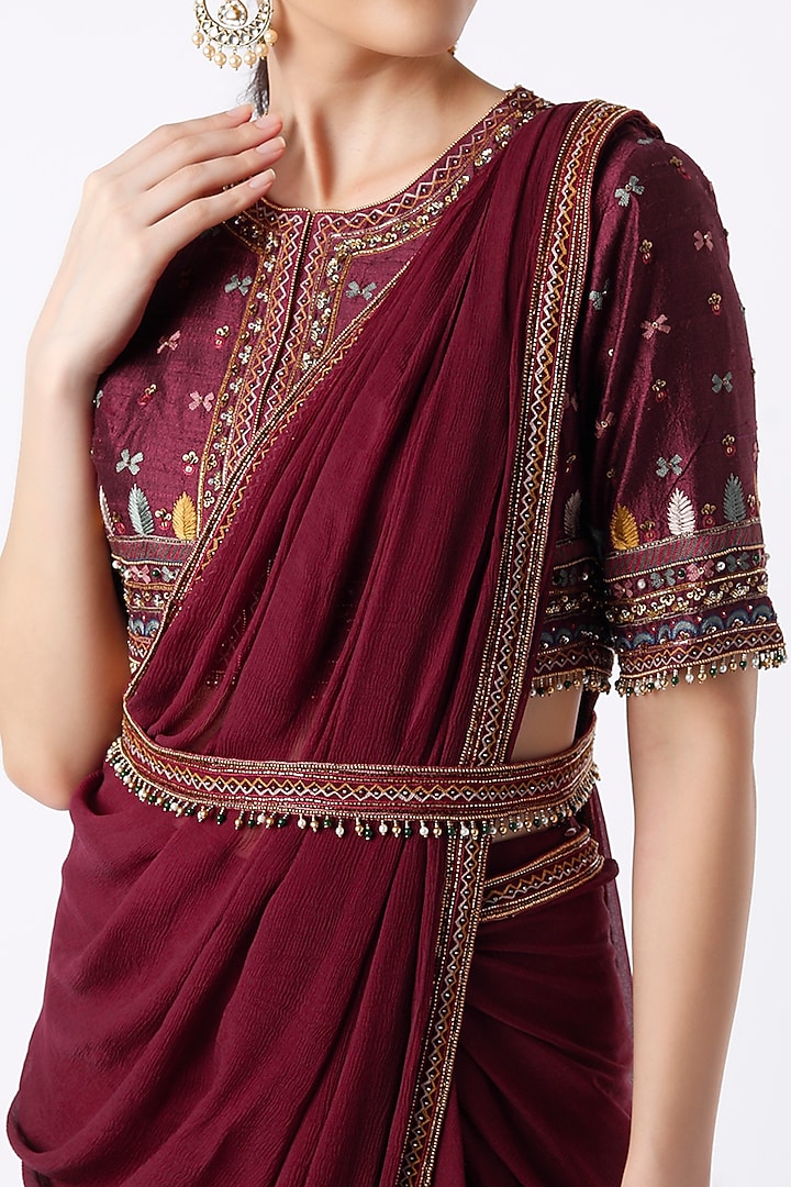 Burgundy Chiffon Draped Reception Saree Set by Ridhi Mehra at Pernia's Pop Up Shop