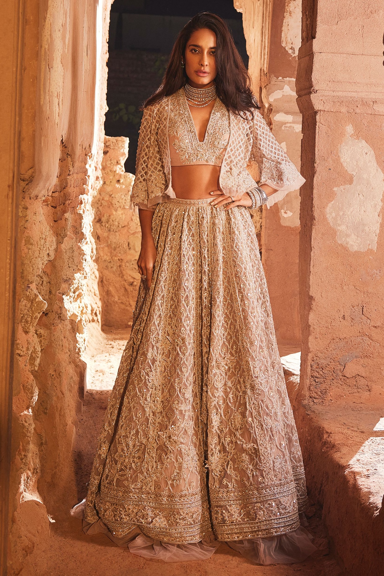 Ridhi Mehra Champagne Net Embroidered Lehenga Set