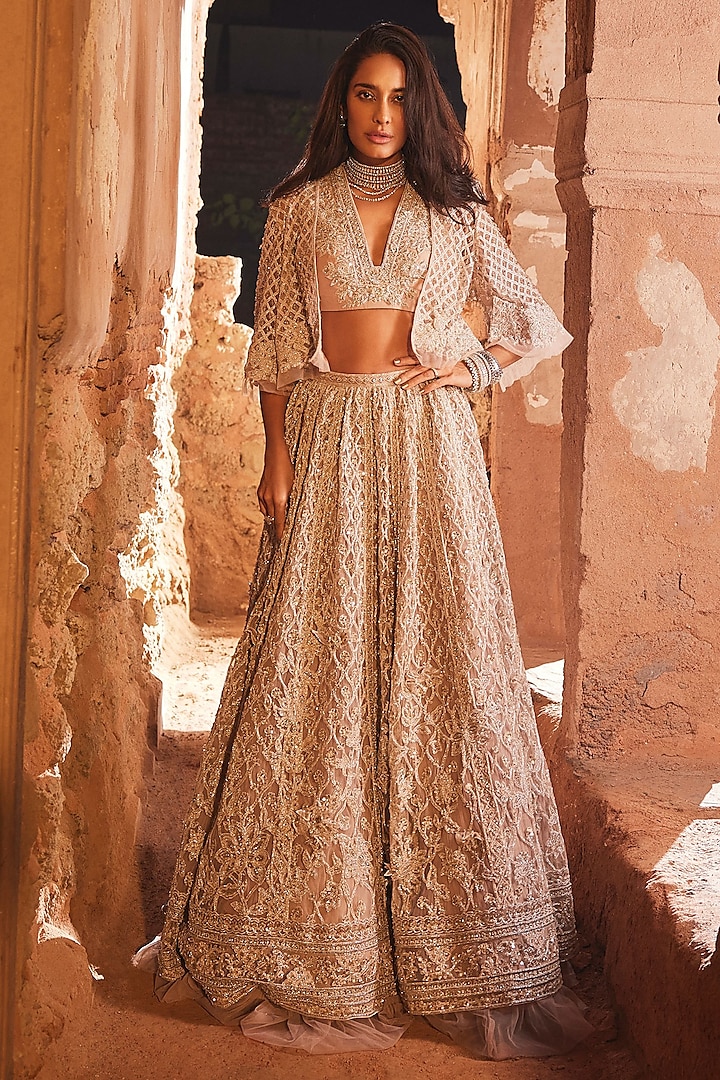 Champagne Net Embroidered Bridal Lehenga Set by Ridhi Mehra at Pernia's Pop Up Shop