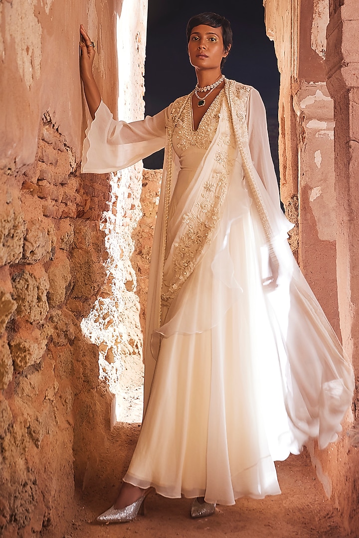 Ivory Organza Jumpsuit With Embroidered Jacket by Ridhi Mehra