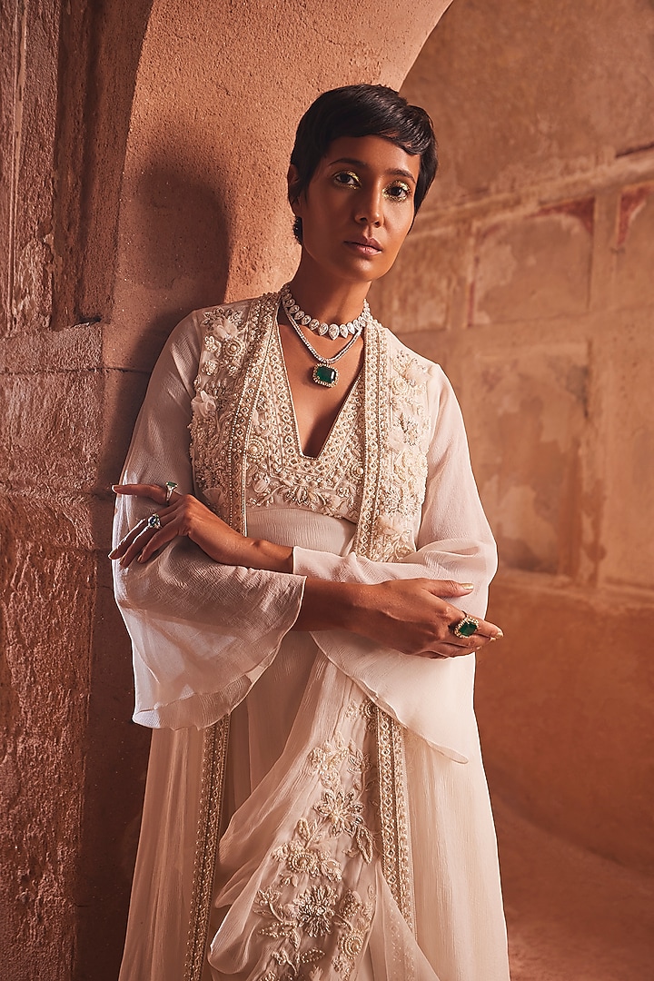 Ivory Organza Jumpsuit With Embroidered Jacket by Ridhi Mehra at Pernia's Pop Up Shop