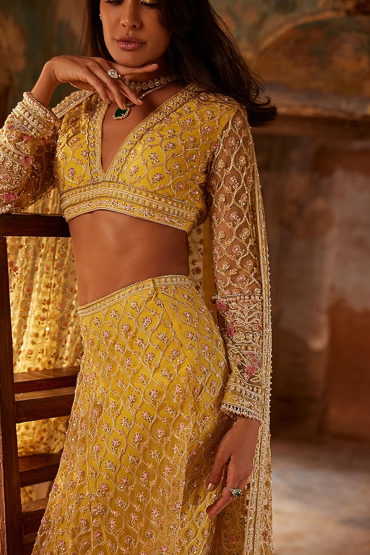 Yellow Net Embroidered Skirt Set by Ridhi Mehra at Pernia's Pop Up Shop