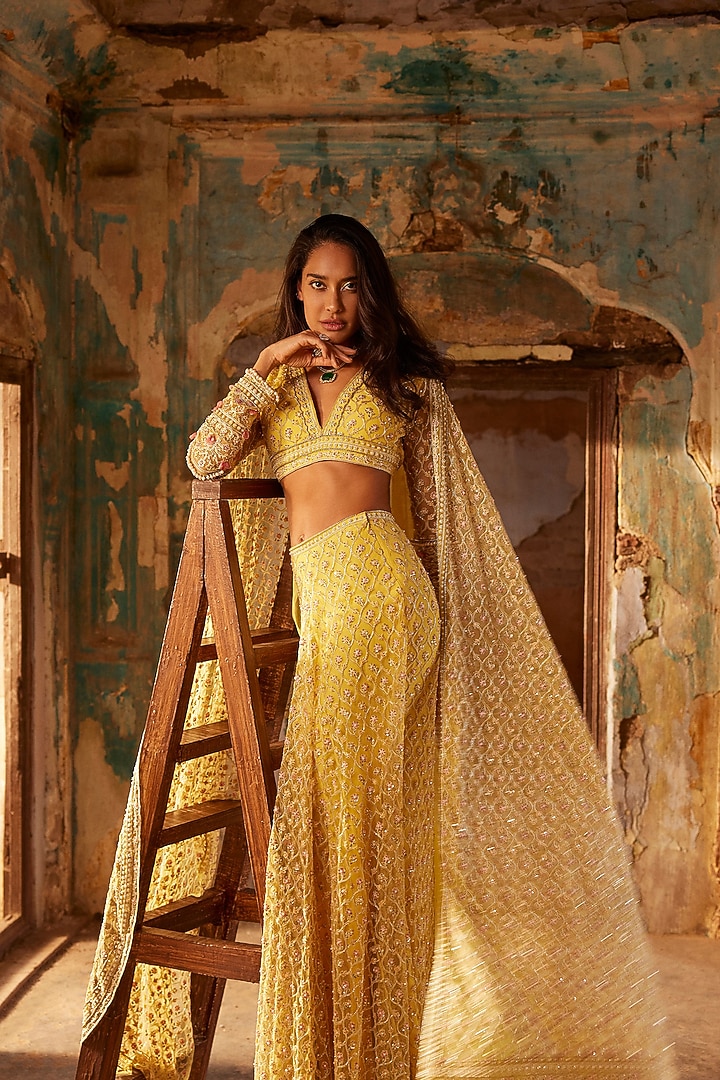Yellow Net Embroidered Skirt Set by Ridhi Mehra at Pernia's Pop Up Shop