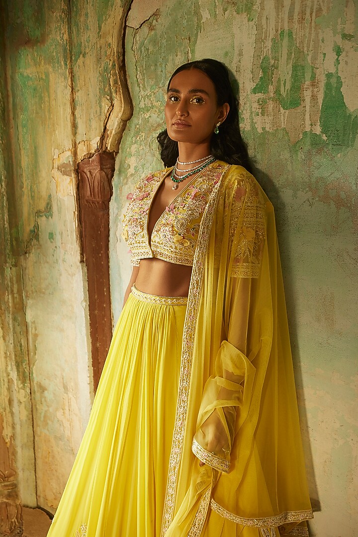 Yellow Georgette Embroidered Bridal Lehenga Set by Ridhi Mehra at Pernia's Pop Up Shop