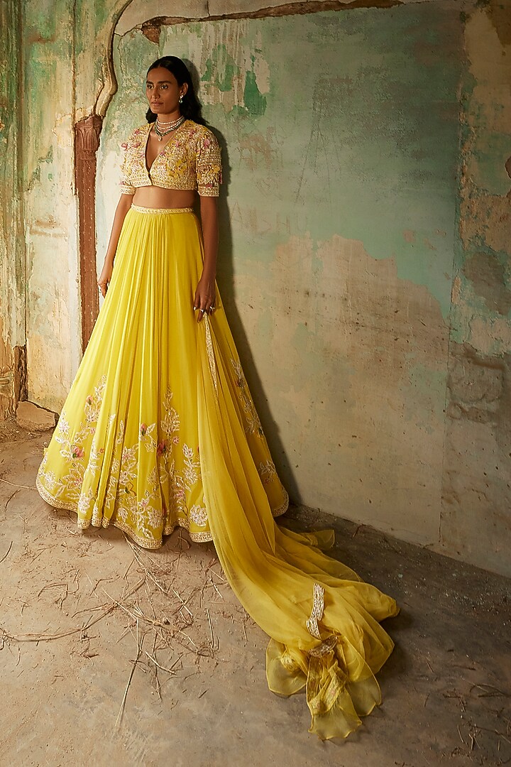 Yellow Georgette Embroidered Bridal Lehenga Set by Ridhi Mehra at Pernia's Pop Up Shop