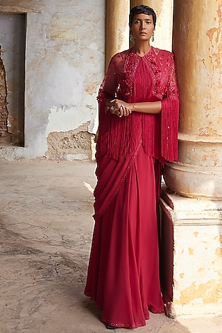 Fuchsia Georgette Embroidered Jacket Saree Set by Ridhi Mehra