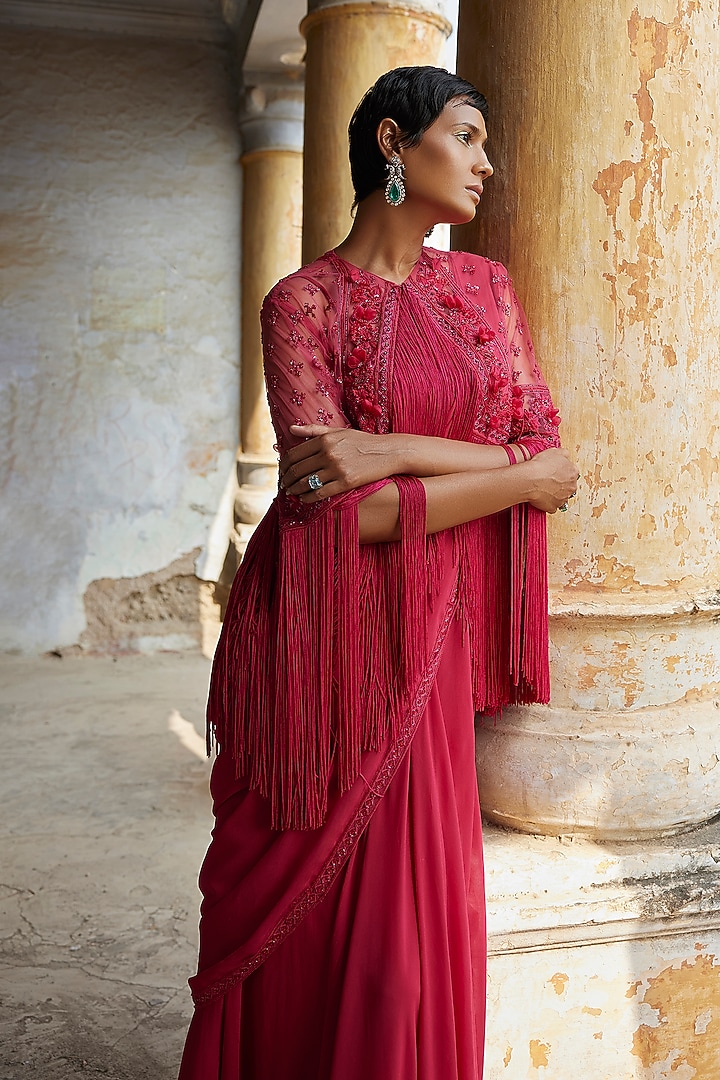 Fuchsia Georgette Embroidered Jacket Reception Saree Set by Ridhi Mehra at Pernia's Pop Up Shop