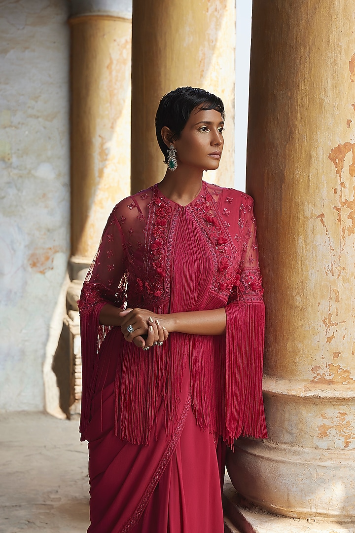 Fuchsia Georgette Embroidered Jacket Reception Saree Set by Ridhi Mehra at Pernia's Pop Up Shop