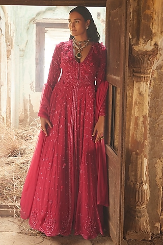 Fuchsia Georgette Embroidered Anarkali Set by Ridhi Mehra
