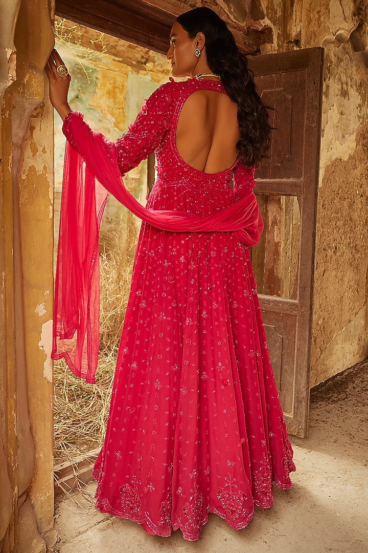 Fuchsia Georgette Embroidered Bridal Anarkali Set by Ridhi Mehra at Pernia's Pop Up Shop