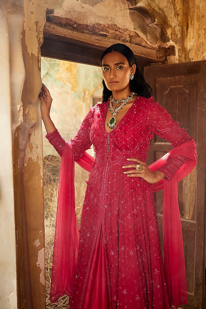 Fuchsia Georgette Embroidered Bridal Anarkali Set by Ridhi Mehra at Pernia's Pop Up Shop