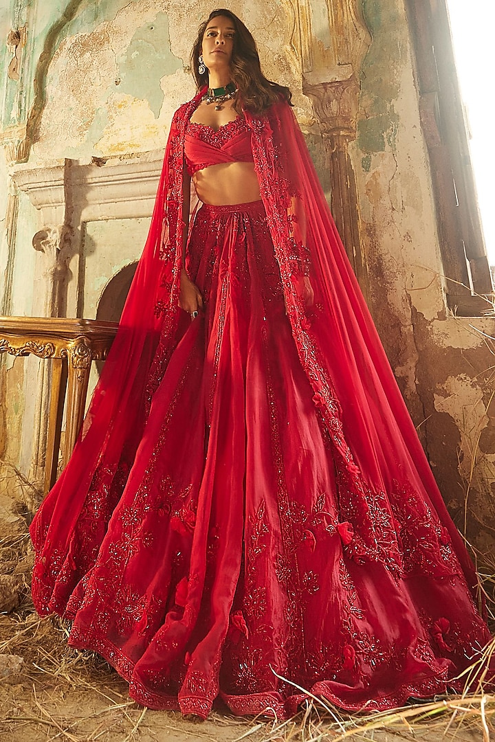 Red Organza Embroidered Lehenga Set by Ridhi Mehra