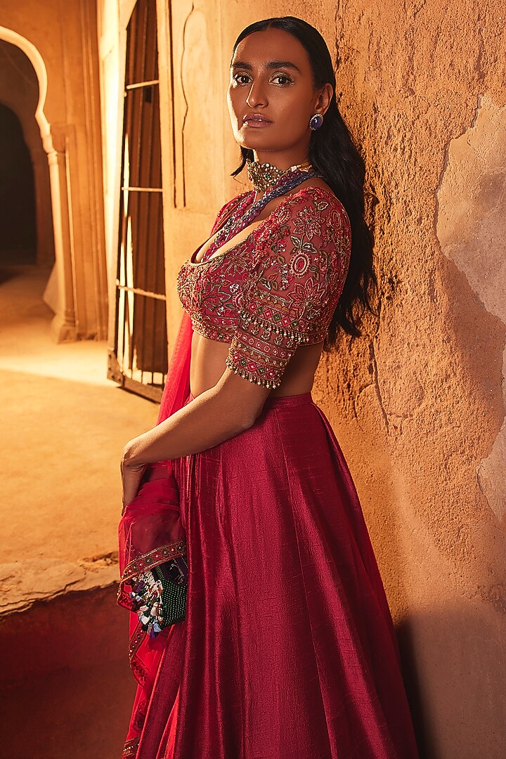 Fuchsia Raw Silk Embroidered Bridal Lehenga Set by Ridhi Mehra at Pernia's Pop Up Shop