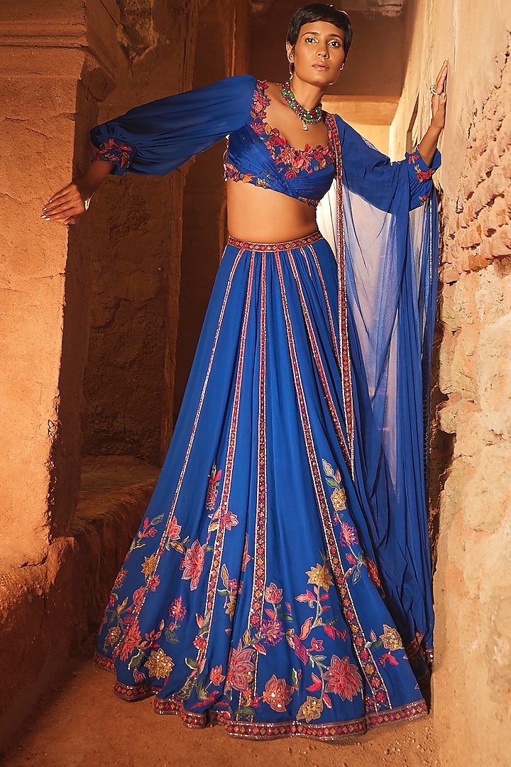 Royal Blue Georgette Embroidered Lehenga Set by Ridhi Mehra