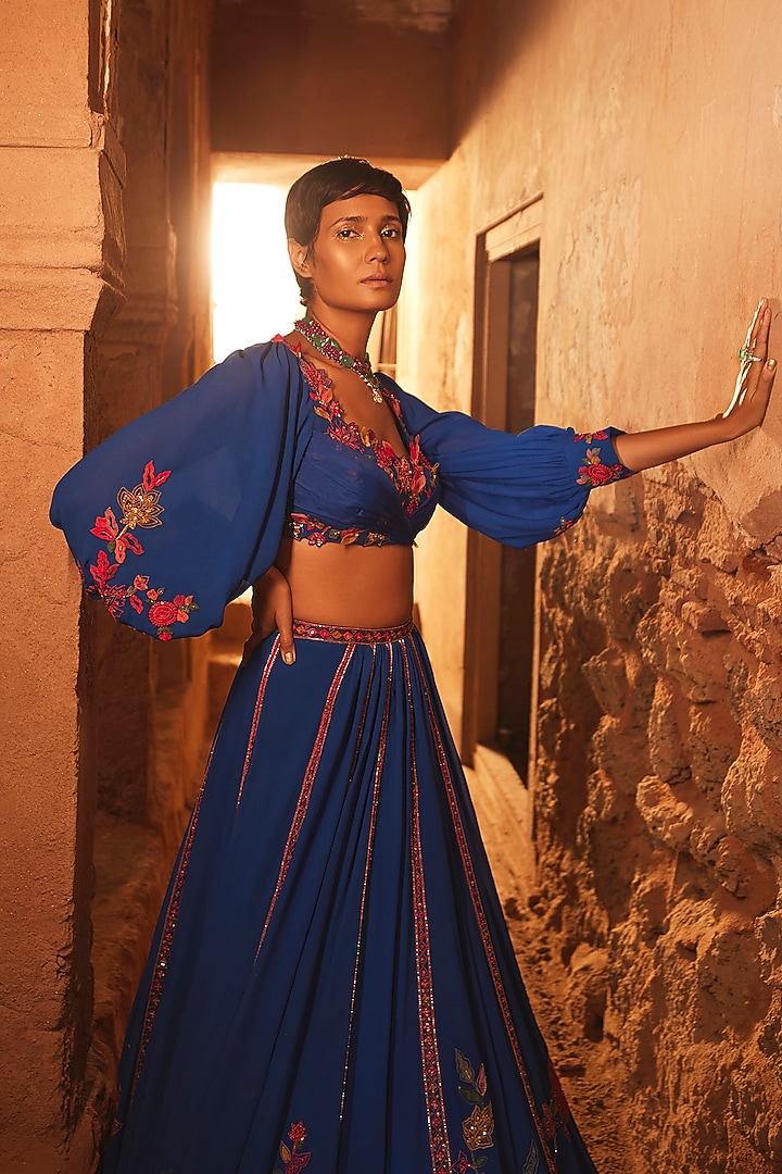 Royal Blue Georgette Embroidered Bridal Lehenga Set by Ridhi Mehra at Pernia's Pop Up Shop