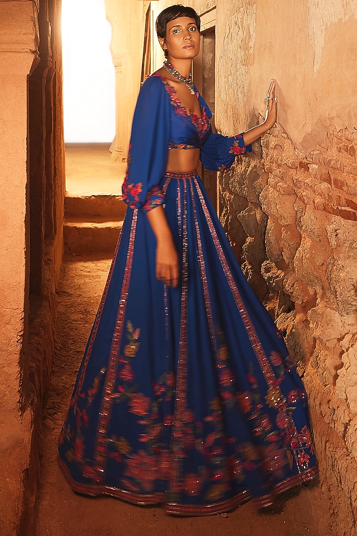 Royal Blue Georgette Embroidered Bridal Lehenga Set by Ridhi Mehra at Pernia's Pop Up Shop