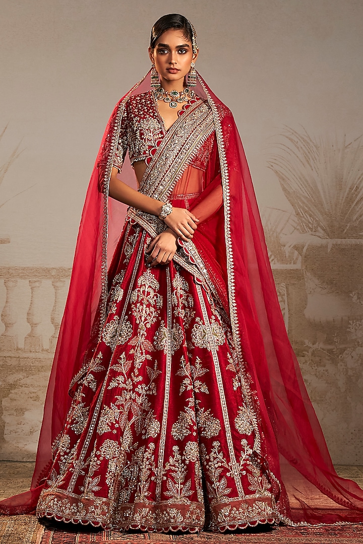 Red Raw Silk Tree Motif Work Bridal Lehenga Set by Ridhi Mehra at Pernia's Pop Up Shop