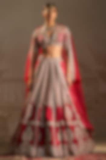 Red Raw Silk Geometric Jewelled Bridal lehenga for 22 Lehenga Set by Ridhi Mehra at Pernia's Pop Up Shop