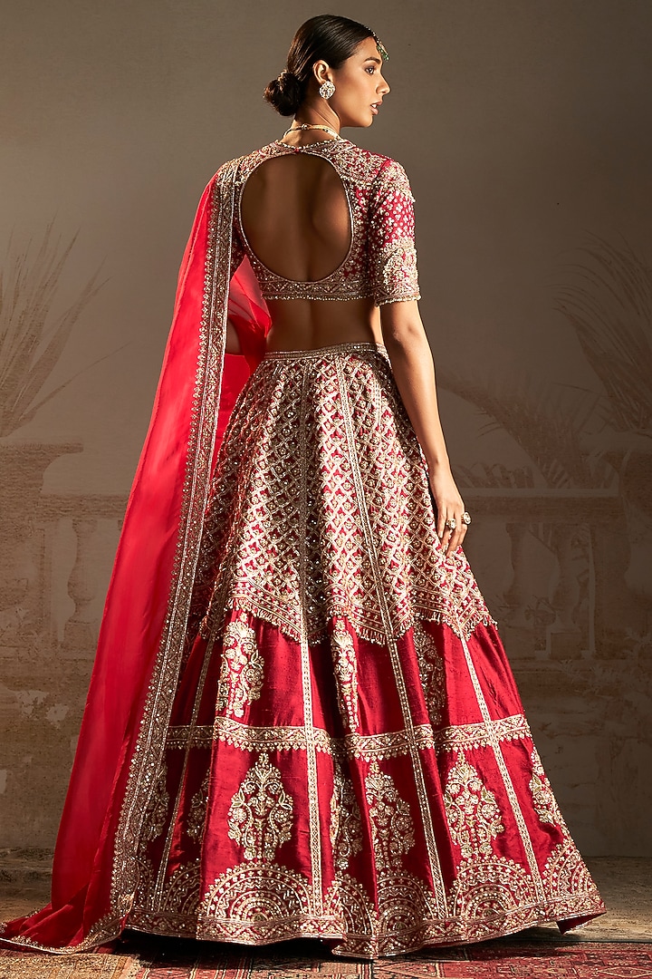 Red Raw Silk Geometric Jewelled Bridal Lehenga Set by Ridhi Mehra at Pernia's Pop Up Shop