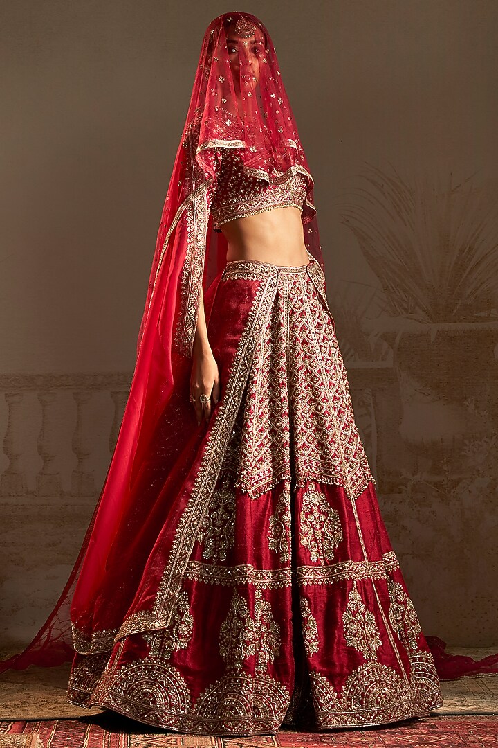 Red Raw Silk Geometric Jewelled Bridal Lehenga Set by Ridhi Mehra at Pernia's Pop Up Shop