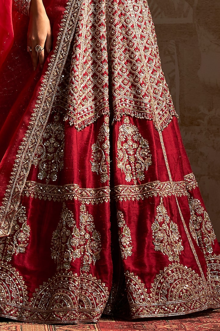 Red Raw Silk Geometric Jewelled Bridal Lehenga Set by Ridhi Mehra at Pernia's Pop Up Shop