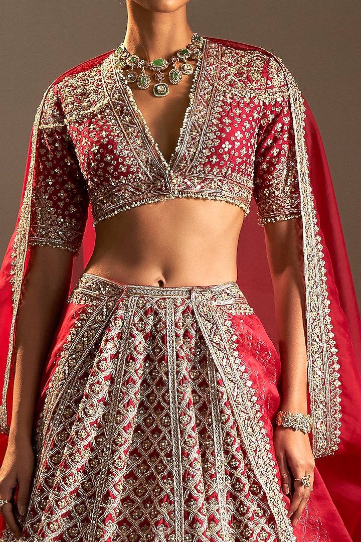 Red Raw Silk Geometric Jewelled Bridal Lehenga Set by Ridhi Mehra at Pernia's Pop Up Shop